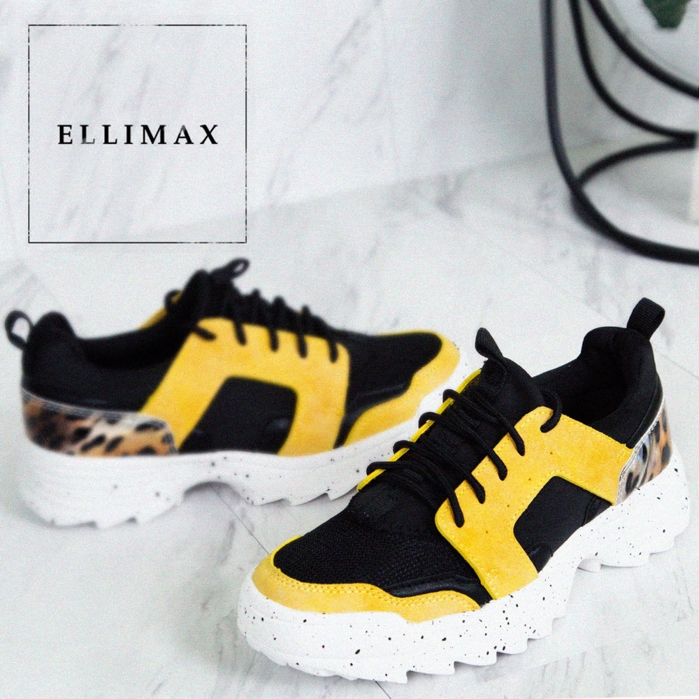 NEW🔥 Light-Weight Black Yellow Leopard Lace Up Fashion Sneaker Foam Platform